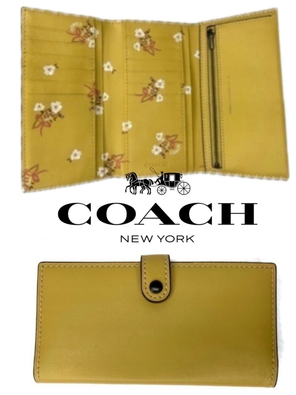 Coach Sunflower Glovetanned Leather Wallet Hay Color Floral Glitter Bow Yellow